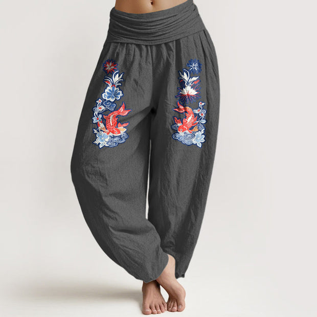 Buddha Stones Pure Cotton Striking Koi Fish Flower Pattern Women's Elastic Waist Harem Pants - Gray - US16，UK/AU20，EU48 (3XL) - image 11