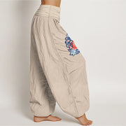 Buddha Stones Pure Cotton Striking Koi Fish Flower Pattern Women's Elastic Waist Harem Pants - image 16