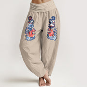 Buddha Stones Pure Cotton Striking Koi Fish Flower Pattern Women's Elastic Waist Harem Pants - PapayaWhip - US16，UK/AU20，EU48 (3XL) - image 14