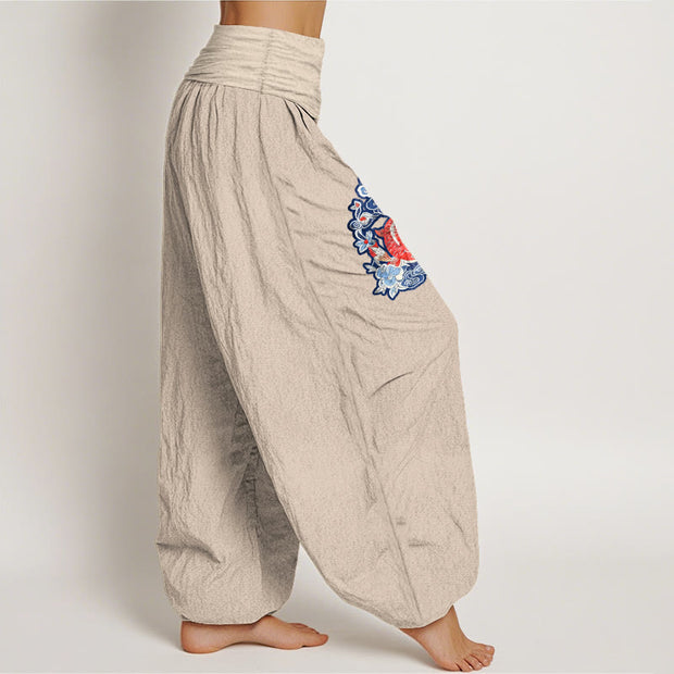Buddha Stones Pure Cotton Striking Koi Fish Flower Pattern Women's Elastic Waist Harem Pants - image 16
