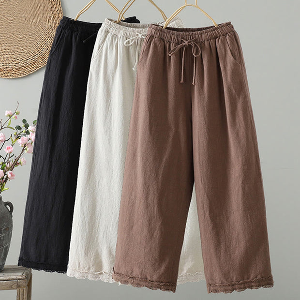 Buddha Stones Women's Pure Color Lace Patchwork Drawstring Thermal Cotton Pants With Pockets - image 24