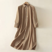 Buddha Stones Fall Solid Color Lapel Buttons Long Sleeve Cotton Midi Dress With Pockets - Tan - US12，UK/AU16，EU44 (2XL) - image 11
