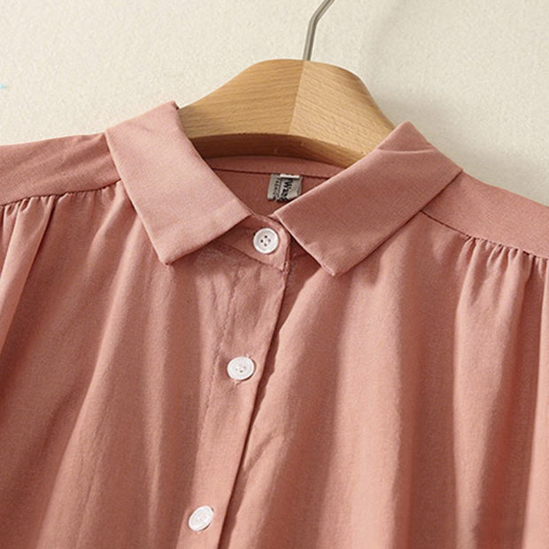 Buddha Stones Fall Solid Color Lapel Buttons Long Sleeve Cotton Midi Dress With Pockets - image 3