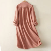 Buddha Stones Fall Solid Color Lapel Buttons Long Sleeve Cotton Midi Dress With Pockets - image 2