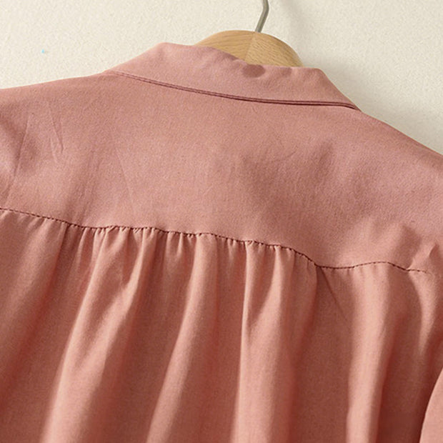 Buddha Stones Fall Solid Color Lapel Buttons Long Sleeve Cotton Midi Dress With Pockets - image 4