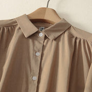 Buddha Stones Fall Solid Color Lapel Buttons Long Sleeve Cotton Midi Dress With Pockets - image 12