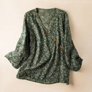Buddha Stones Spring V-Neck Printed Floral Pattern Women's Long Sleeve Shirt - SeaGreen - US8-10，UK/AU12-14，EU40-42 (2XL) - image 8