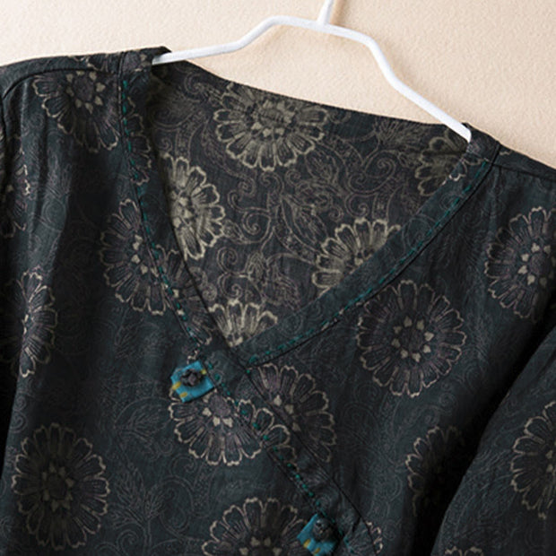 Buddha Stones Spring V-Neck Printed Floral Pattern Women's Long Sleeve Shirt - image 2