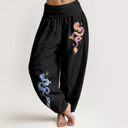 Buddha Stones Pure Cotton Striking Dragon Pattern Women's Elastic Waist Harem Pants - Black - US16，UK/AU20，EU48 (3XL) - image 0