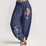 Buddha Stones Pure Cotton Striking Dragon Pattern Women's Elastic Waist Harem Pants - MidnightBlue - US16，UK/AU20，EU48 (3XL) - image 5