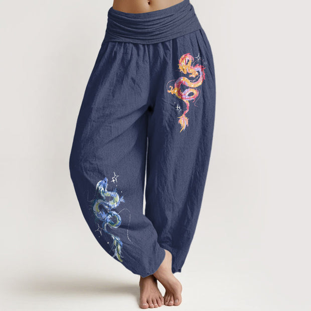 Buddha Stones Pure Cotton Striking Dragon Pattern Women's Elastic Waist Harem Pants - MidnightBlue - US16，UK/AU20，EU48 (3XL) - image 5