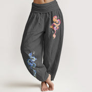 Buddha Stones Pure Cotton Striking Dragon Pattern Women's Elastic Waist Harem Pants - Gray - US16，UK/AU20，EU48 (3XL) - image 8