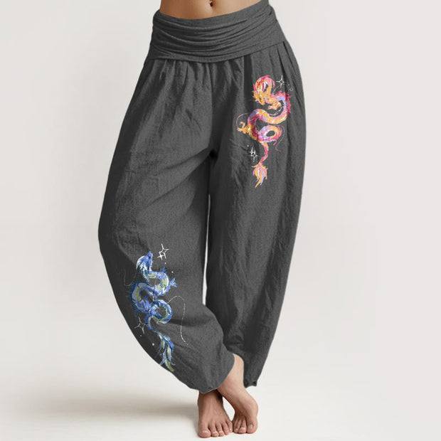 Buddha Stones Pure Cotton Striking Dragon Pattern Women's Elastic Waist Harem Pants - Gray - US16，UK/AU20，EU48 (3XL) - image 8