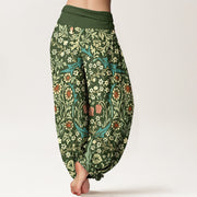 Buddha Stones Pure Cotton Retro Flowers Leaves Pattern Women's Elastic Waist Harem Pants - image 1
