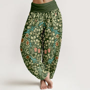 Buddha Stones Pure Cotton Retro Flowers Leaves Pattern Women's Elastic Waist Harem Pants - DarkOliveGreen - US16，UK/AU20，EU48 (3XL) - image 0