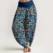 Buddha Stones Pure Cotton Retro Flowers Leaves Pattern Women's Elastic Waist Harem Pants - Navy - US16，UK/AU20，EU48 (3XL) - image 5