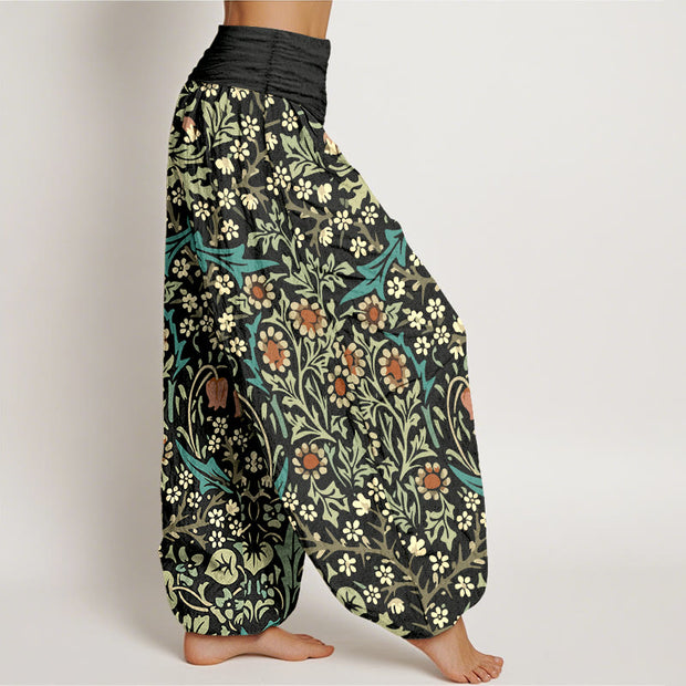 Buddha Stones Pure Cotton Retro Flowers Leaves Pattern Women's Elastic Waist Harem Pants - image 10