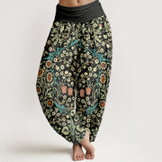 Buddha Stones Pure Cotton Retro Flowers Leaves Pattern Women's Elastic Waist Harem Pants - Black - US16，UK/AU20，EU48 (3XL) - image 8