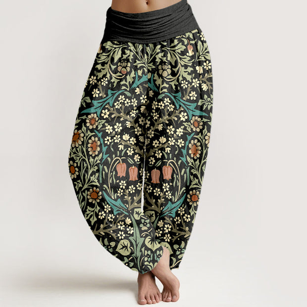 Buddha Stones Pure Cotton Retro Flowers Leaves Pattern Women's Elastic Waist Harem Pants - Black - US16，UK/AU20，EU48 (3XL) - image 8