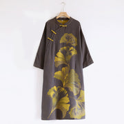 Buddha Stones Jacquard Flowers Pattern Frog-Button Stand Collar Long Sleeve Cotton Midi Dress - DimGray - US8-10，UK/AU12-14，EU40-42 (XL) - image 11