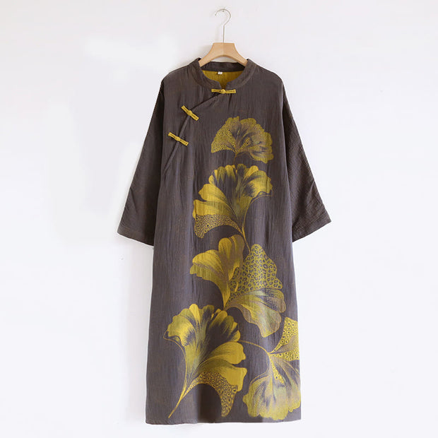 Buddha Stones Jacquard Flowers Pattern Frog-Button Stand Collar Long Sleeve Cotton Midi Dress - DimGray - US8-10，UK/AU12-14，EU40-42 (XL) - image 11
