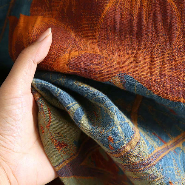 Buddha Stones Jacquard Flowers Pattern Frog-Button Stand Collar Long Sleeve Cotton Midi Dress - image 8