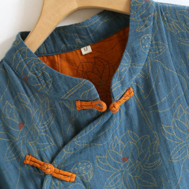 Buddha Stones Jacquard Flowers Pattern Frog-Button Stand Collar Long Sleeve Cotton Midi Dress - image 5