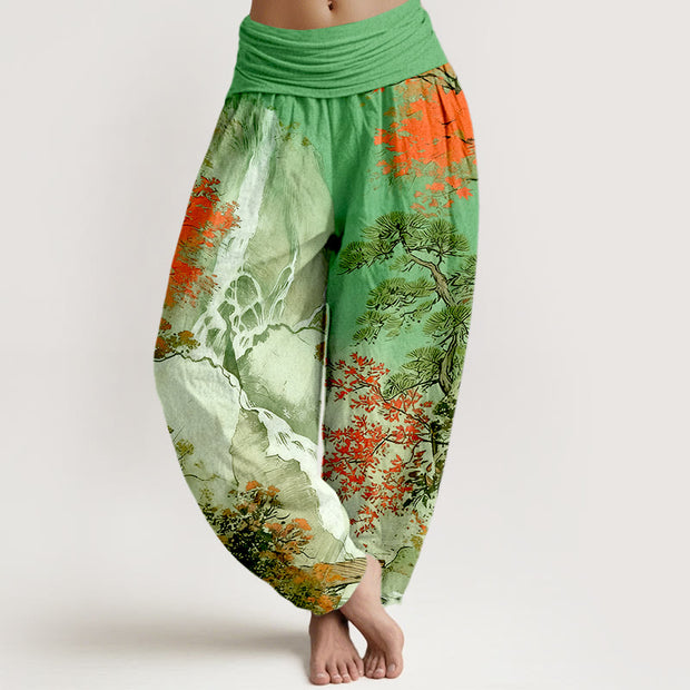 Buddha Stones Pure Cotton Color Coordinated Landscape Tree Pattern Women's Elastic Waist Harem Pants - LimeGreen - US16，UK/AU20，EU48 (3XL) - image 0