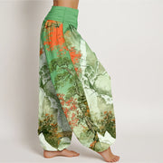 Buddha Stones Pure Cotton Color Coordinated Landscape Tree Pattern Women's Elastic Waist Harem Pants - image 1