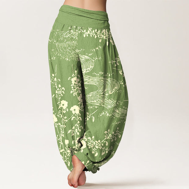 Buddha Stones Pure Cotton Simple Flowers Stream Pattern Women's Elastic Waist Harem Pants - image 9
