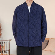 Buddha Stones Fall Jacquard Plants Flower Pattern Long Sleeve Men's Cotton Kimono - DarkBlue - US/UK/AU44，EU54 (4XL) - image 1