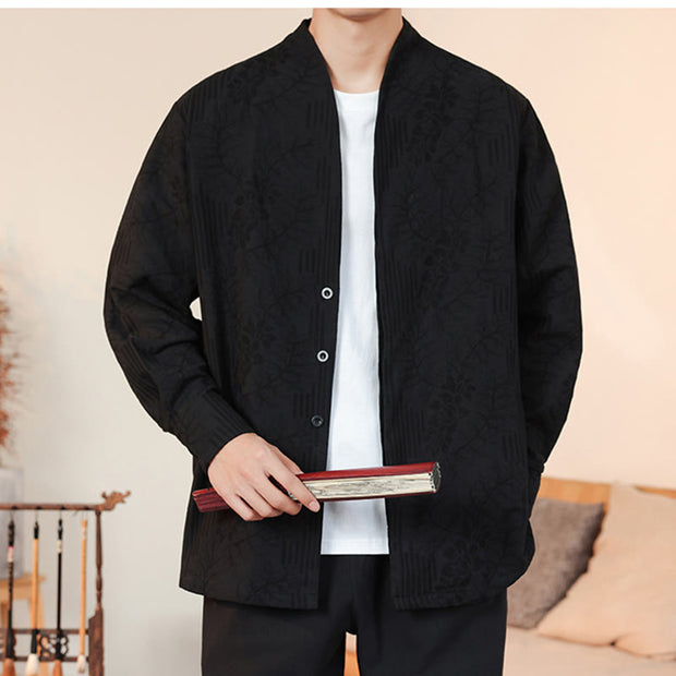 Buddha Stones Fall Jacquard Plants Flower Pattern Long Sleeve Men's Cotton Kimono - Black - US/UK/AU44，EU54 (4XL) - image 29