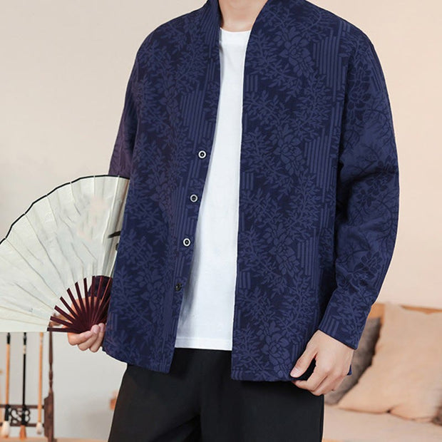 Buddha Stones Fall Jacquard Plants Flower Pattern Long Sleeve Men's Cotton Kimono - image 0