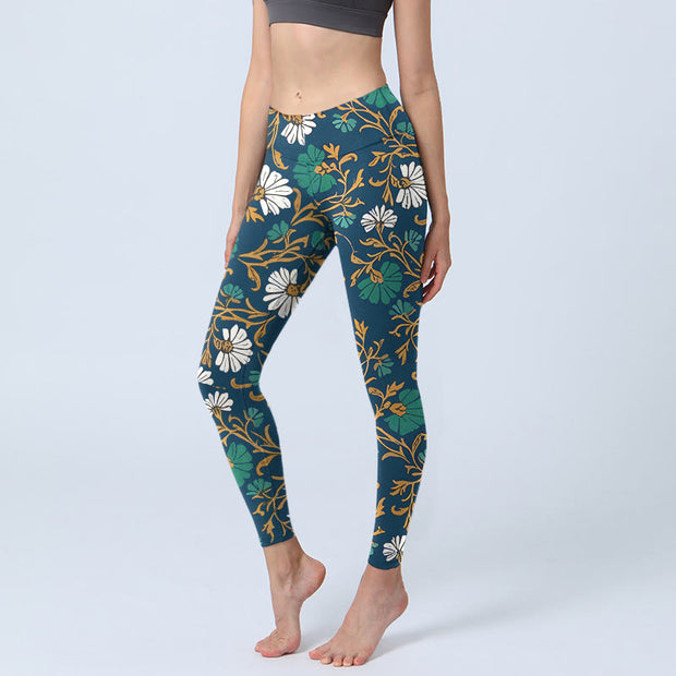 Buddha Stones Retro Pastoral Style Flowers Vines Pattern Print Gym Leggings Women's Yoga Pants - Navy - US18，UK/AU22，EU50 (4XL) - image 0