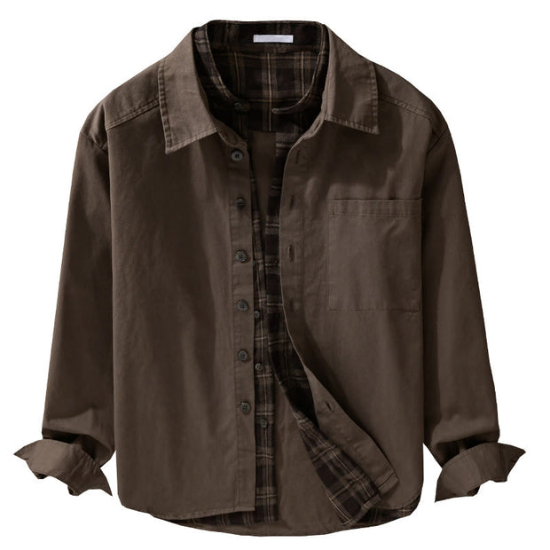 Buddha Stones Spring Plaid Pattern Fake Two-piece Long Sleeve Men's Cotton Jacket With Pocket - image 19