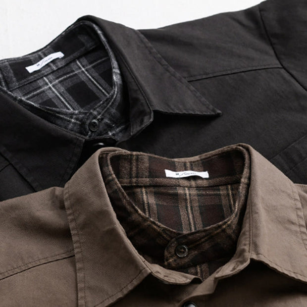 Buddha Stones Spring Plaid Pattern Fake Two-piece Long Sleeve Men's Cotton Jacket With Pocket - image 23