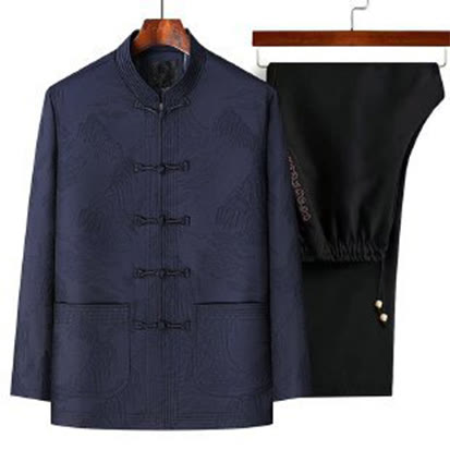 Buddha Stones 2Pcs Commute Tang Suit Frog-Button Men's Long Sleeve Shirt Pants Cotton Clothing Set - MidnightBlue - US/UK/AU44，EU54 (4XL) - image 2