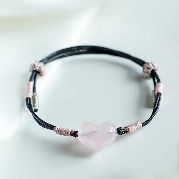 Buddha Stones Natural Heart Charm Pink Crystal Braided String Warmth Bracelet - image 7
