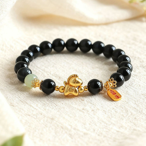 FREE Today: Fulfilment Strength Year Of The Horse Hetian Jade Black Obsidian Red Agate Bracelet - Black Obsidian(Wrist Circumference:14-15cm) - image 0