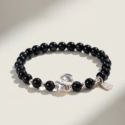 Buddha Stones Year Of The Horse Black Obsidian Red Agate Pink Crystal Silver Fulfilment Bracelet - Black Obsidian(Wrist Circumference:14-15cm) - image 0