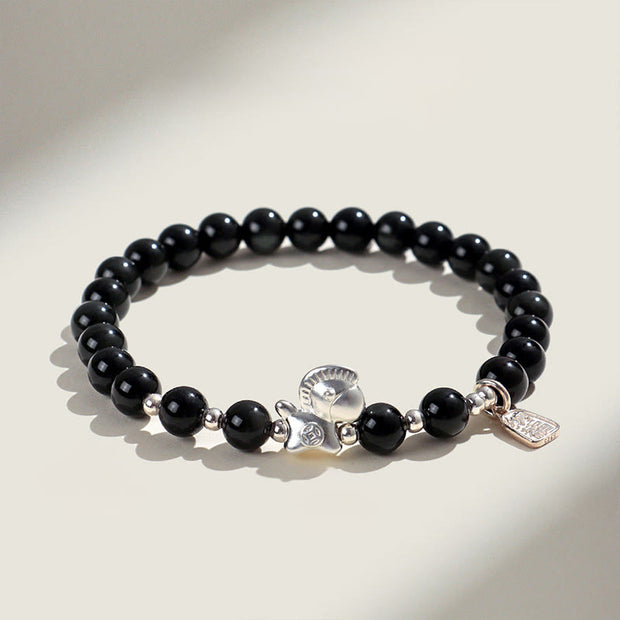 Buddha Stones Year Of The Horse Black Obsidian Red Agate Pink Crystal Silver Fulfilment Bracelet - Black Obsidian(Wrist Circumference:14-15cm) - image 0