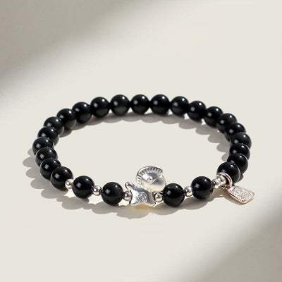 Buddha Stones Year Of The Horse Black Obsidian Red Agate Pink Crystal Silver Fulfilment Bracelet - Black Obsidian(Wrist Circumference:14-15cm) - image 0