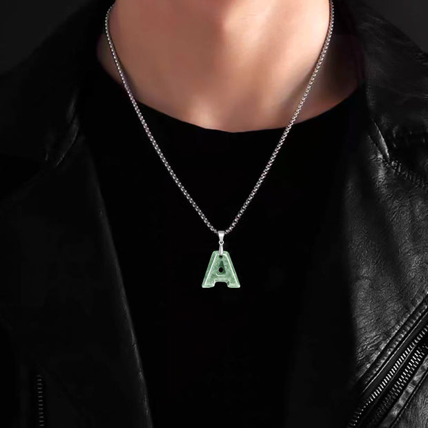 Buddha Stones Natural A-Z Letter Jade Titanium Steel Chain Prosperity Necklace Pendant - image 4
