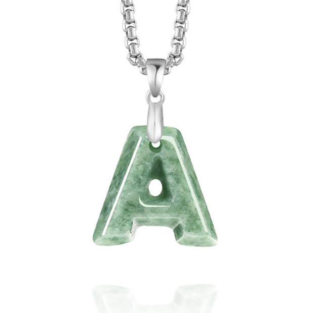 Buddha Stones Natural A-Z Letter Jade Titanium Steel Chain Prosperity Necklace Pendant - image 2