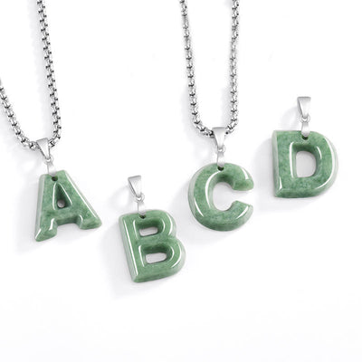 Buddha Stones Natural A-Z Letter Jade Titanium Steel Chain Prosperity Necklace Pendant - image 0