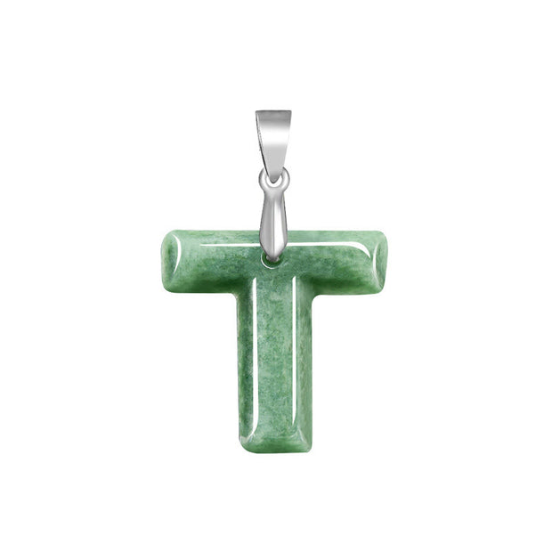 Buddha Stones Natural A-Z Letter Jade Titanium Steel Chain Prosperity Necklace Pendant - T - image 24
