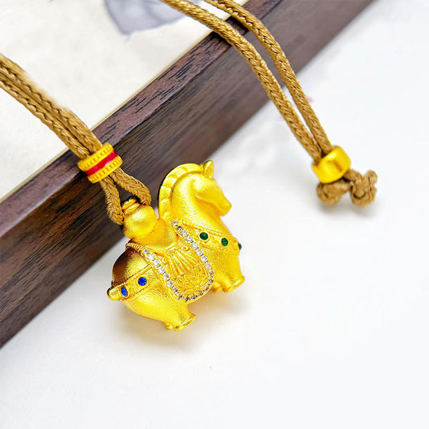 Buddha Stones Year Of The Horse 24k Gold Plated Brass Rope Cord Necklace Pendant - Horse Golden Rope - image 1