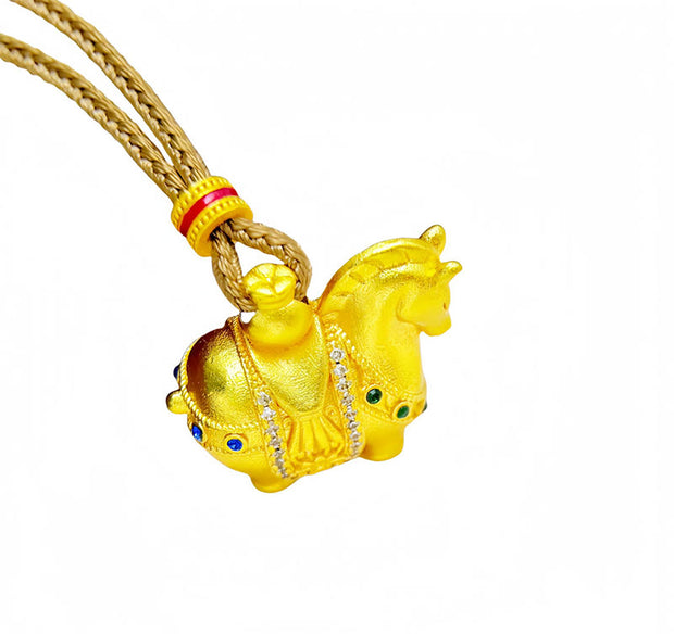 Buddha Stones Year Of The Horse 24k Gold Plated Brass Rope Cord Necklace Pendant - image 3