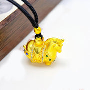 Buddha Stones Year Of The Horse 24k Gold Plated Brass Rope Cord Necklace Pendant - Horse Black Rope(Length: 70cm) - image 0
