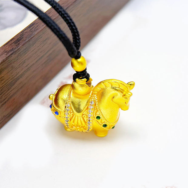 Buddha Stones Year Of The Horse 24k Gold Plated Brass Rope Cord Necklace Pendant - Horse Black Rope - image 0